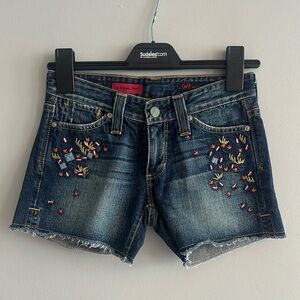 AG Adriano Goldschmied Blue Jean Shorts with Distressed Floral Design